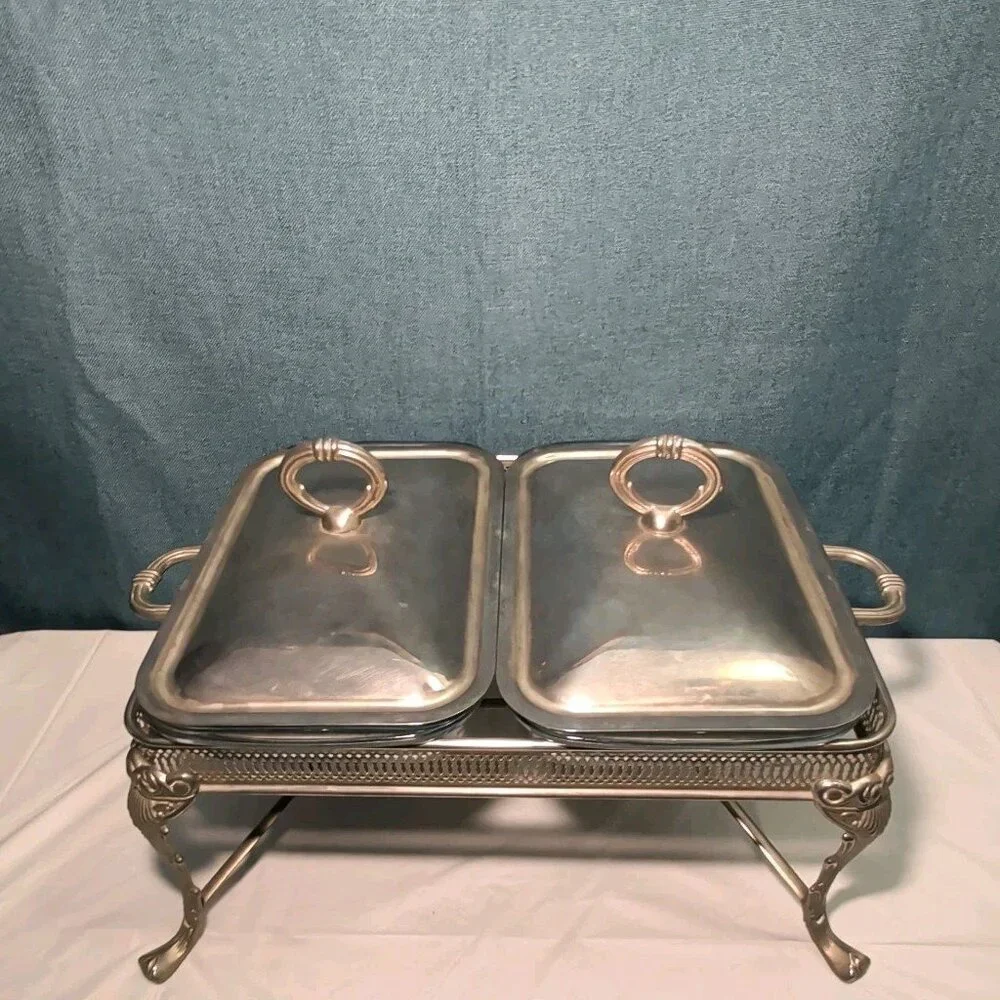 Silver Plated Double Chafer 8 Qt Buffet Server 2 Marinex Glass Pans Lion Feet